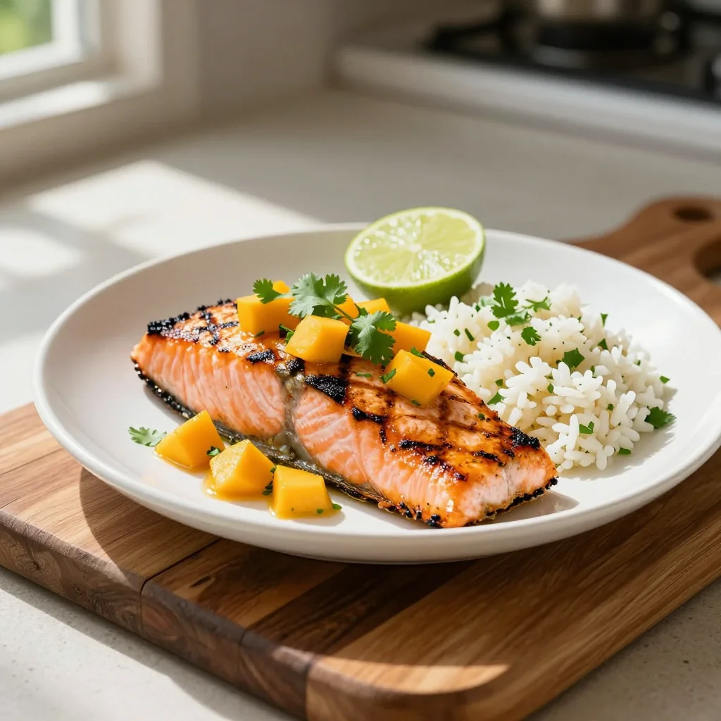 Grilled Salmon with Mango Salsa and Lime Rice