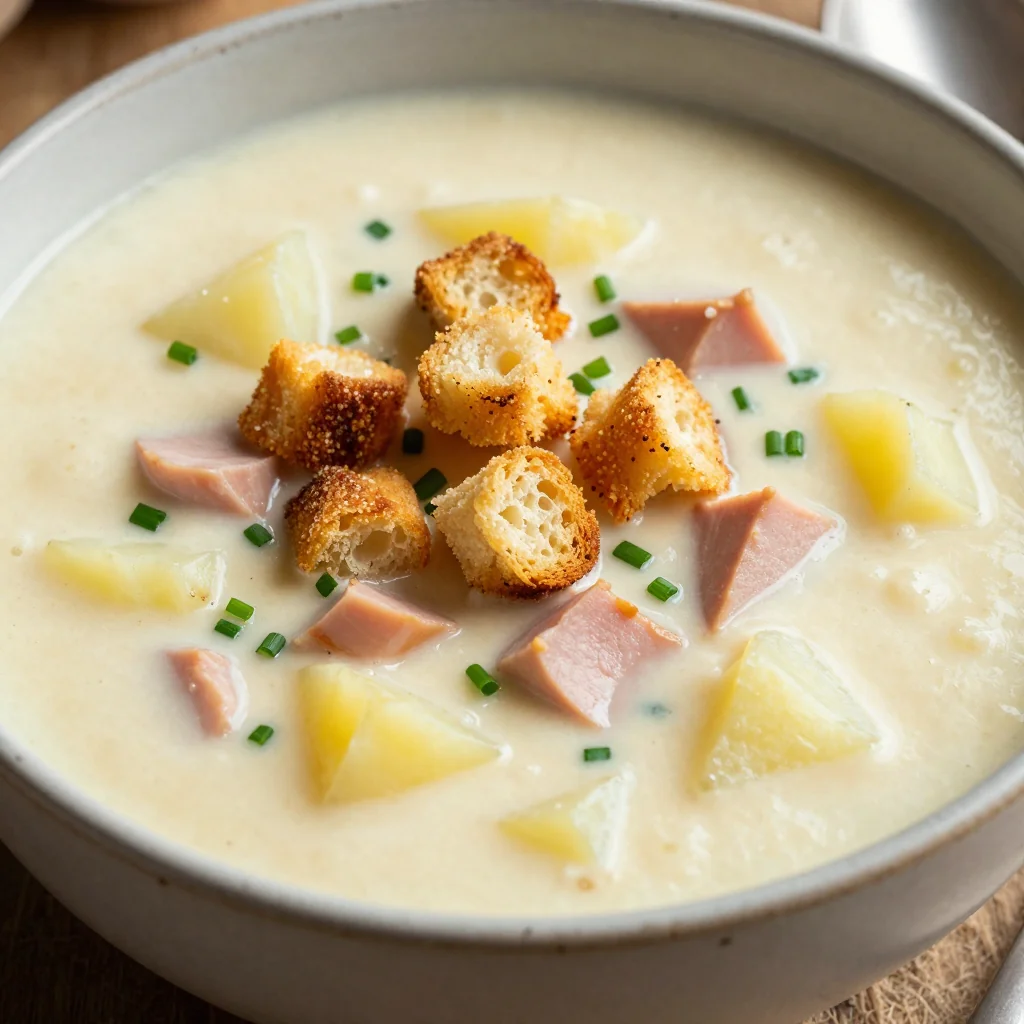 Creamy Potato and Ham Soup with Croutons