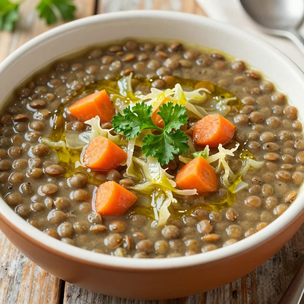 batchcooked high protein lentil soup with cabbage and carrots