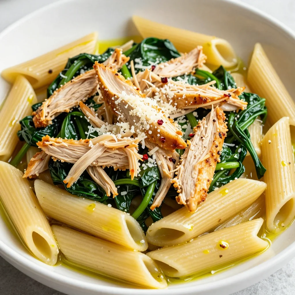 batch cooked chicken and spinach pasta with garlic and lemon