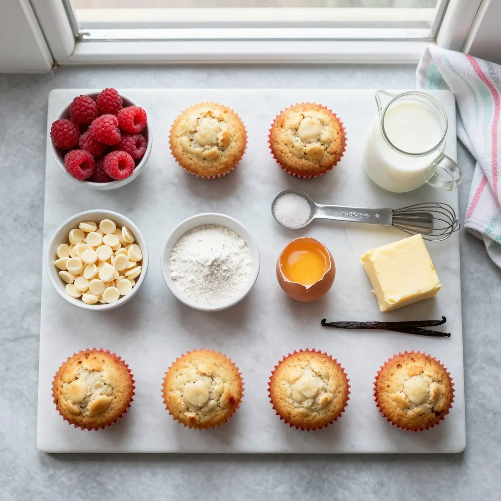 All ingredients for Raspberry White Chocolate Muffins
