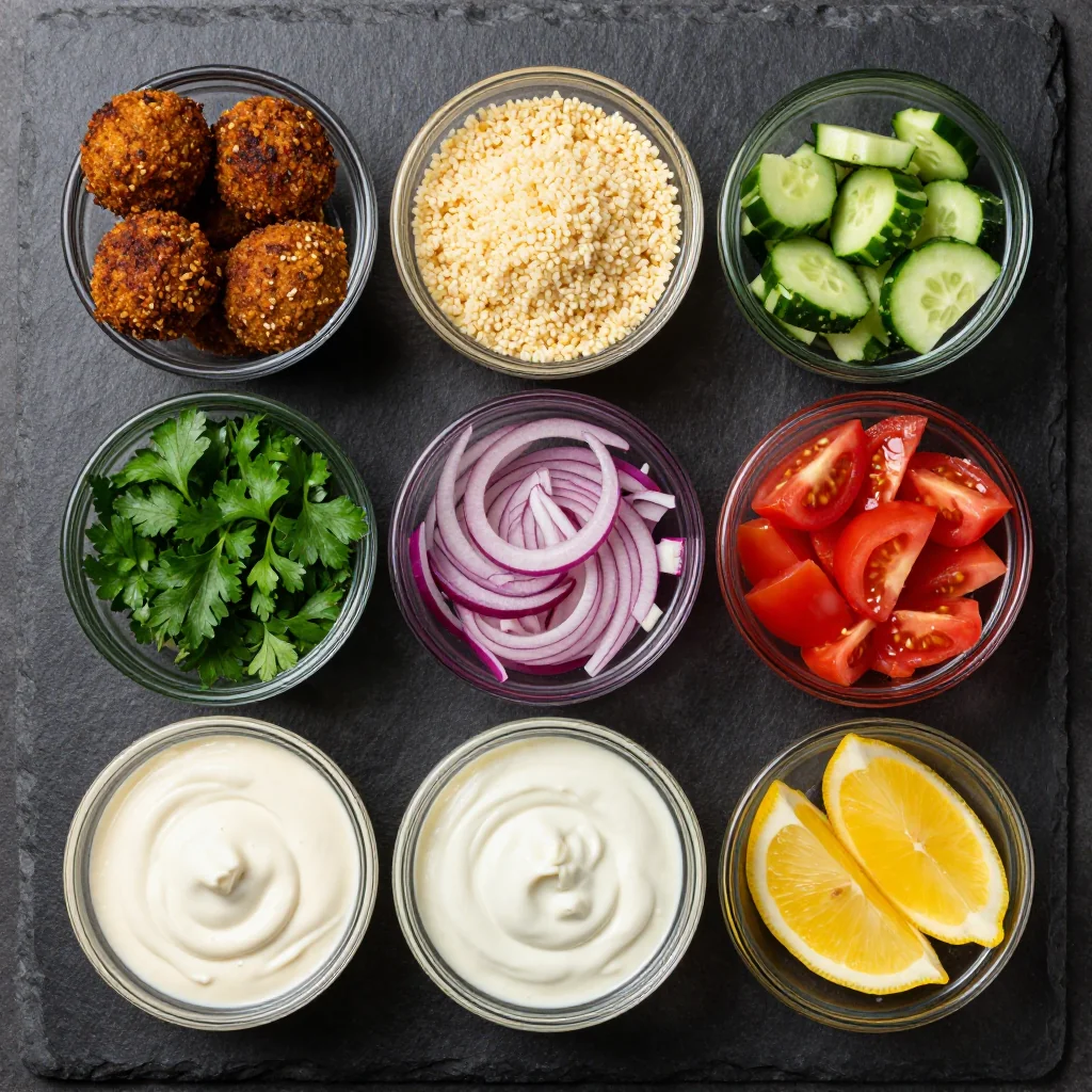 Ingredients for crispy baked falafel meal prep bowls