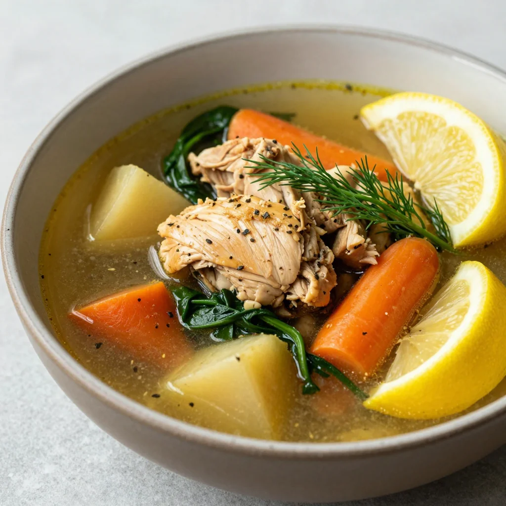 healthy lemon and herb chicken stew with spinach and root vegetables