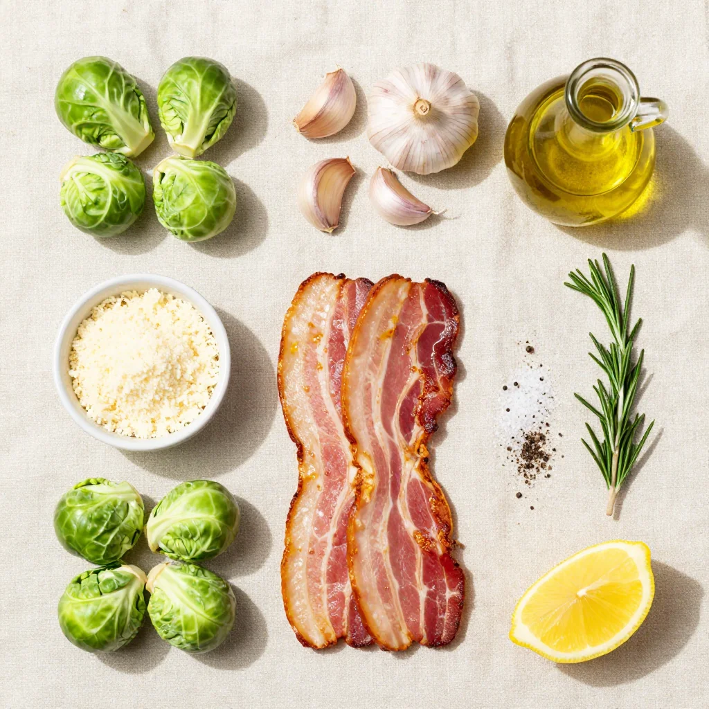 All ingredients for Air Fryer Garlic Parmesan Brussels Sprouts with Bacon
