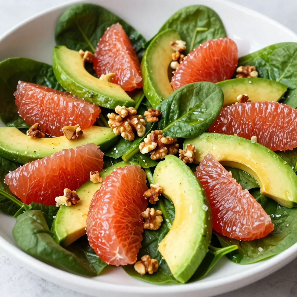 healthy citrus grapefruit and spinach salad with toasted walnuts for january
