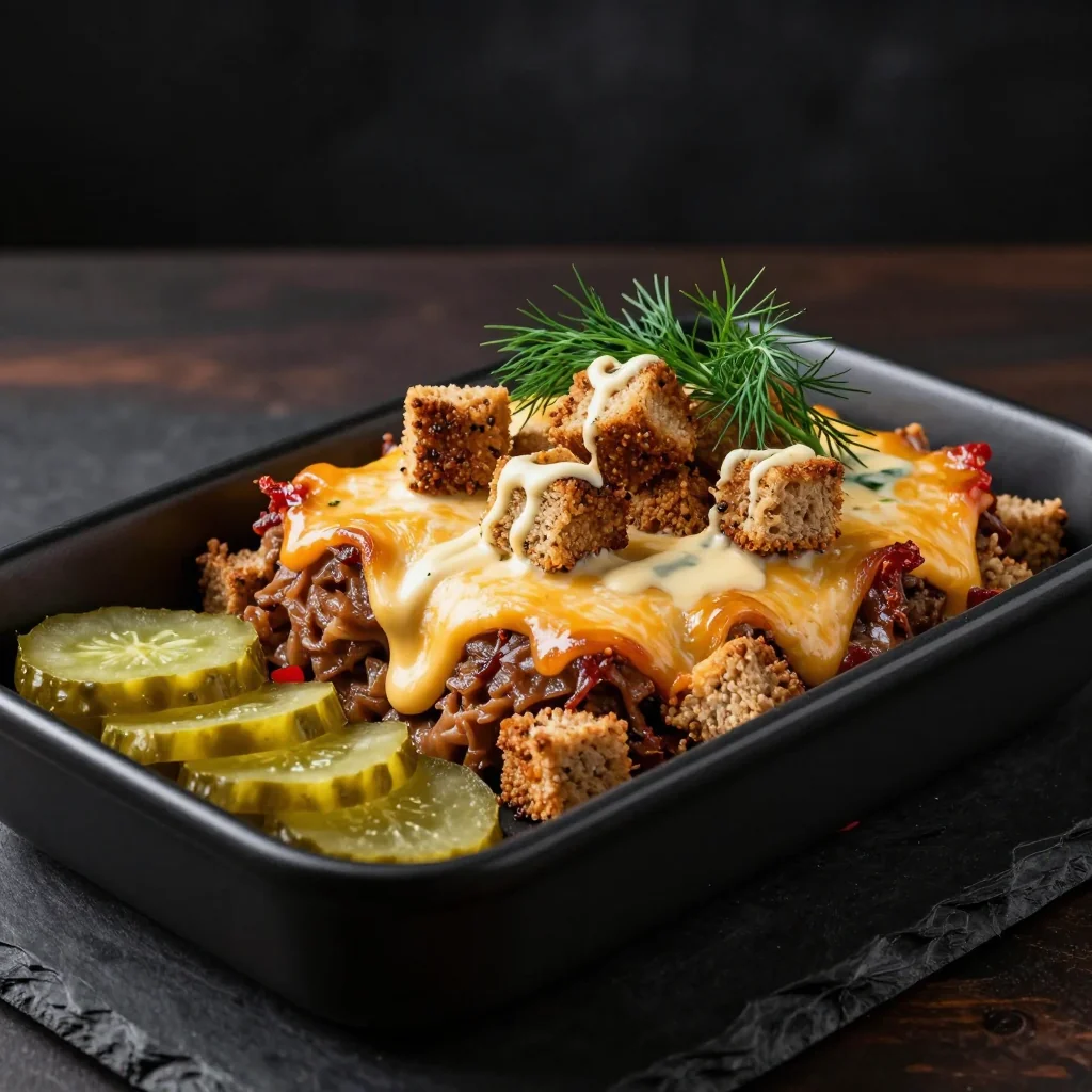 Reuben Casserole with Rye Croutons