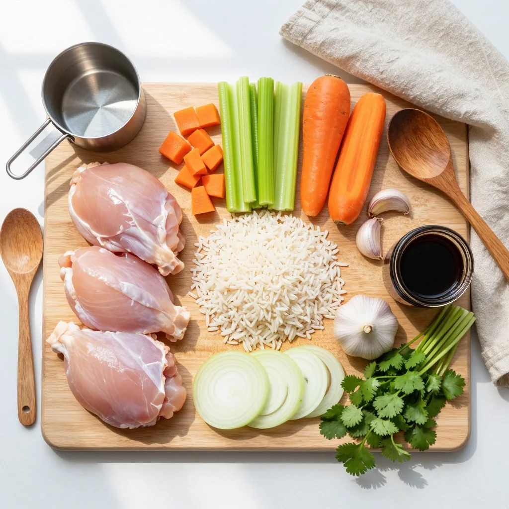 All ingredients for Chicken Rice Soup Homestyle arranged on a wooden board
