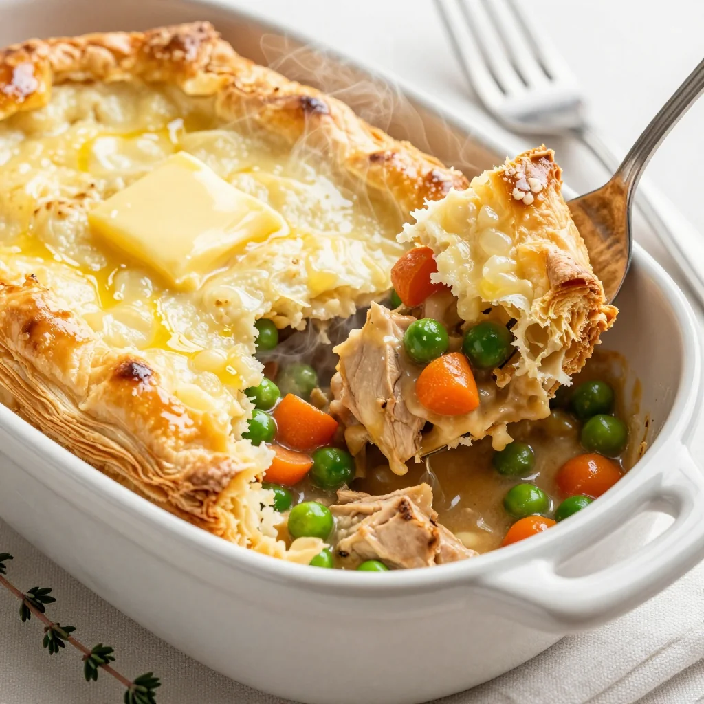 Budget Friendly Chicken Pot Pie with Flaky Crust Topping