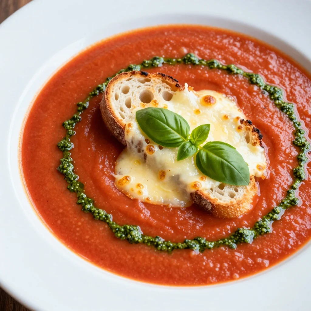 Creamy Tomato and Basil Soup with a Cheesy Crouton