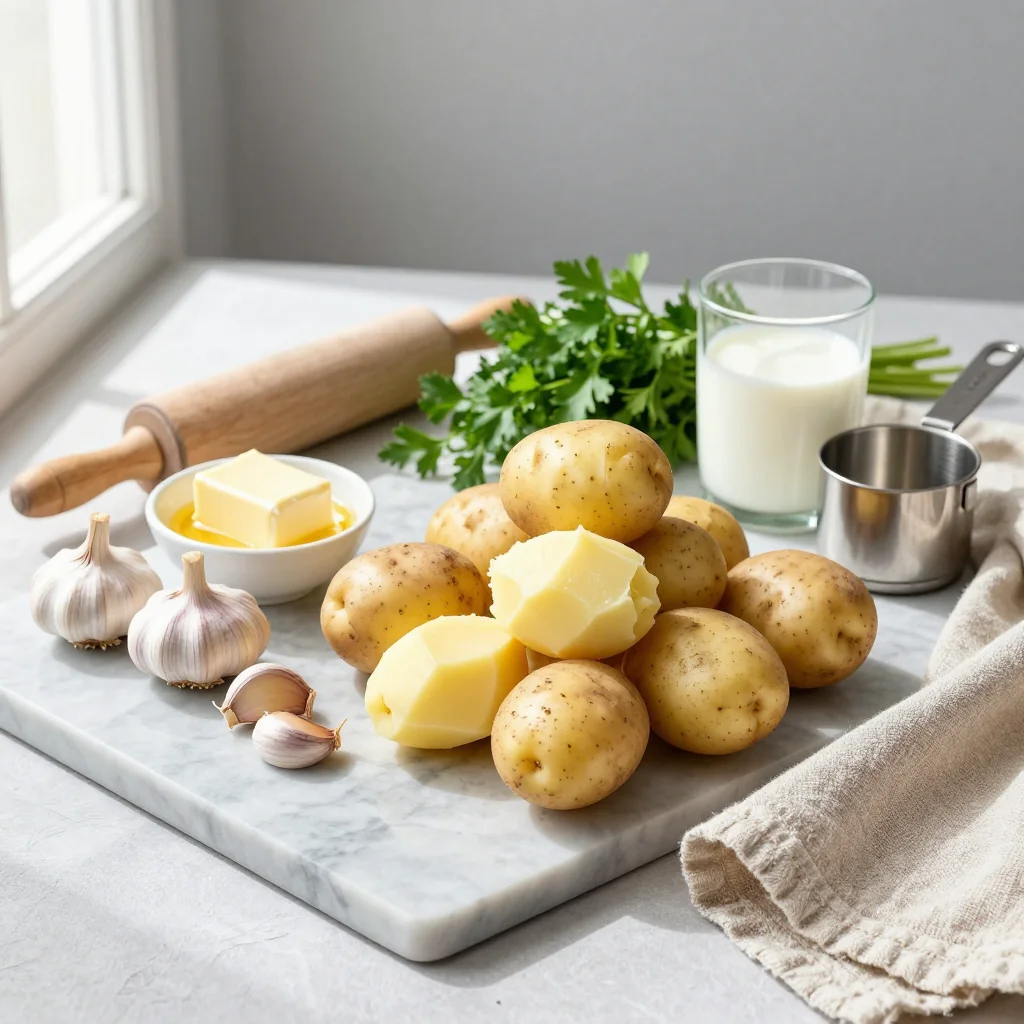 All ingredients for garlic mashed potatoes neatly arranged on a kitchen counter
