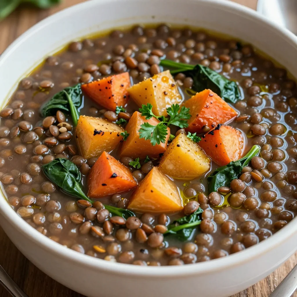 hearty lentil and spinach soup with roasted root vegetables for january