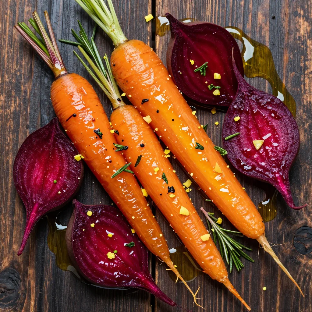 warm lemon roasted beets and carrots with fresh rosemary for detox