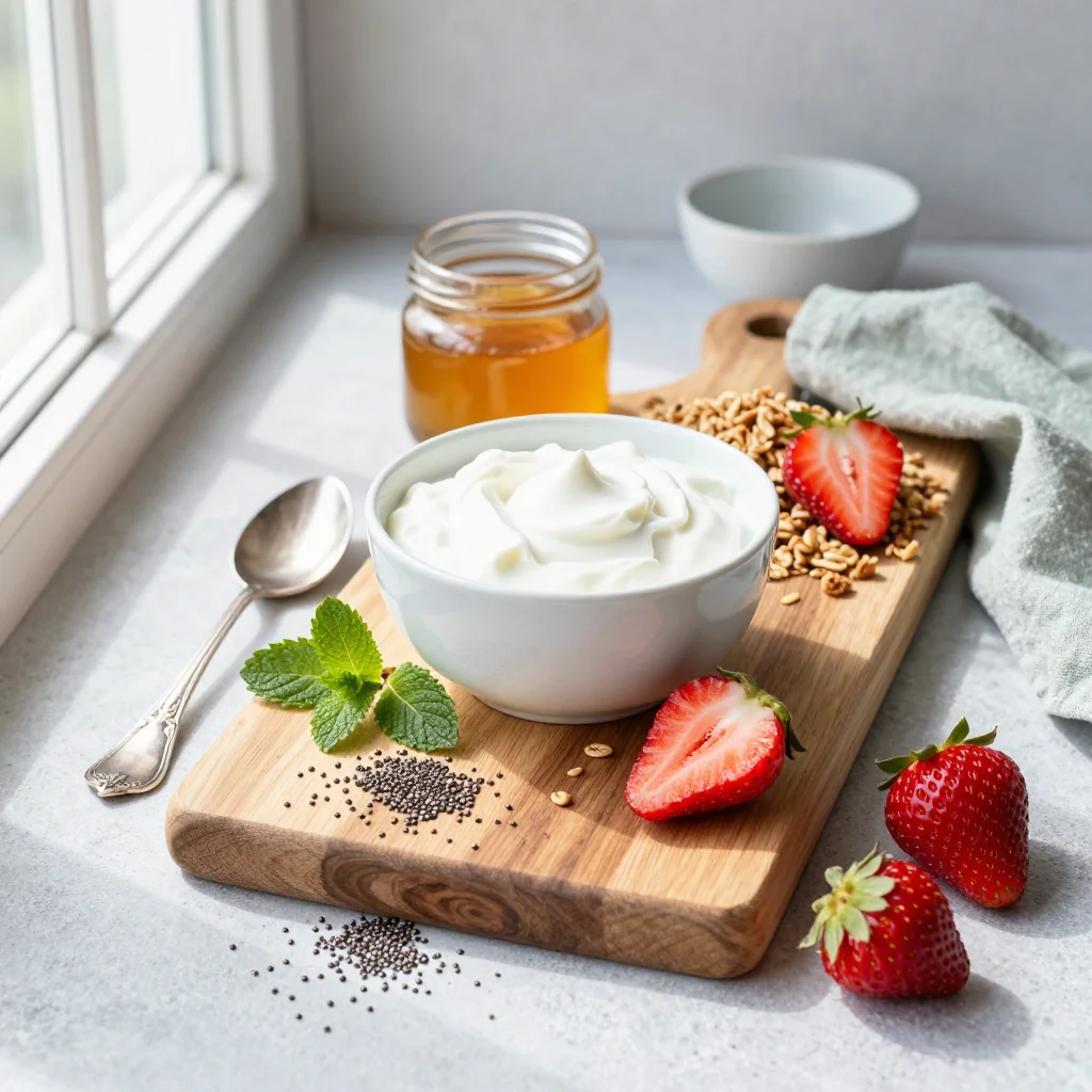 All ingredients for Strawberry Yogurt Parfait with Granola