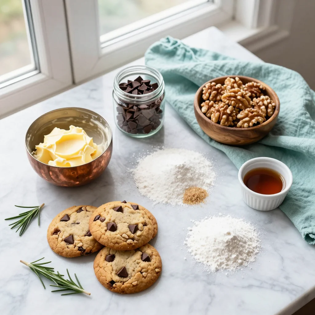 All ingredients for Chocolate Chip Walnut Cookies arranged on a wooden board