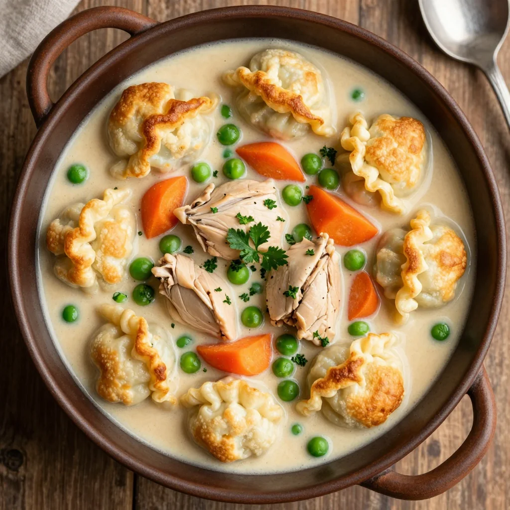 One Pot Creamy Chicken and Dumplings with Carrots and Peas for a Comfort Food Classic