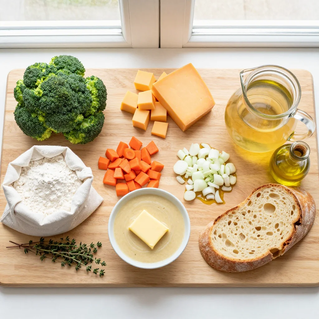 All ingredients for Copycat Panera Broccoli Cheddar Soup in Bread Bowls