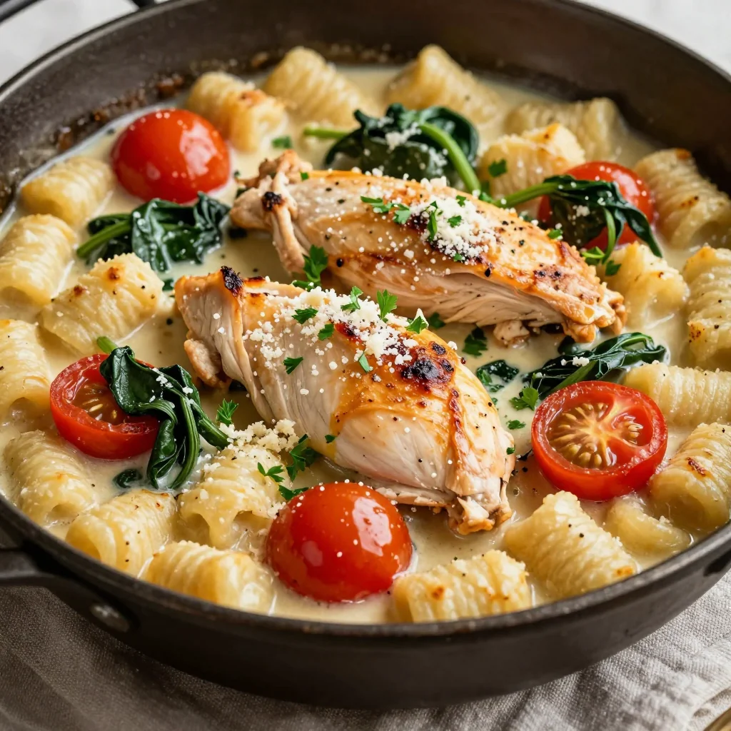 One Skillet Creamy Chicken and Gnocchi with Spinach and Tomatoes
