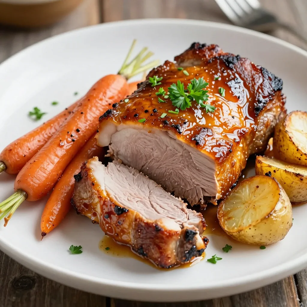 slow roasted citrus glazed pork loin with carrots and potatoes for dinner