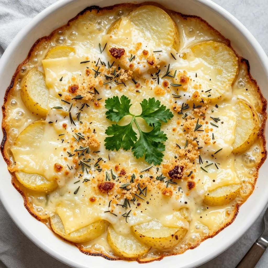 cheesy potato gratin with crispy herb topping for holiday dinners