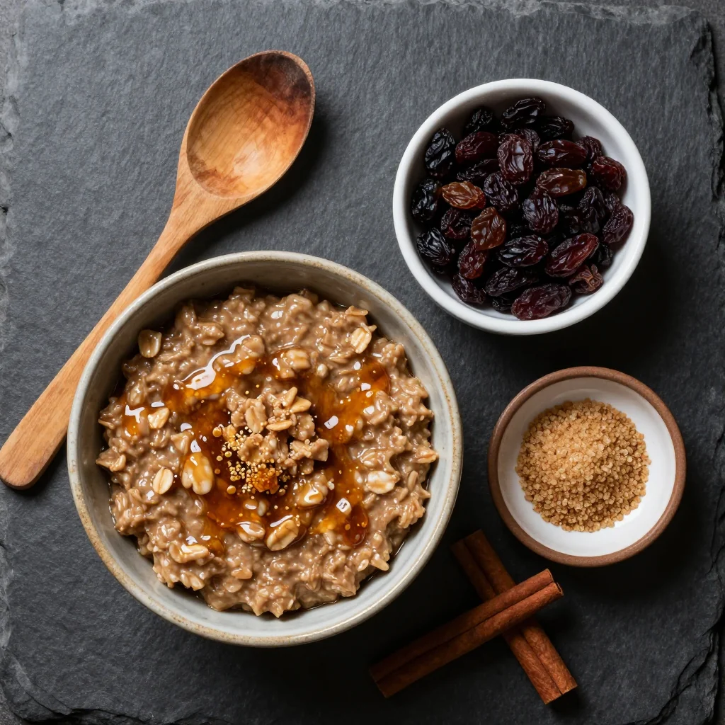 Ingredients for brown sugar oatmeal with raisins