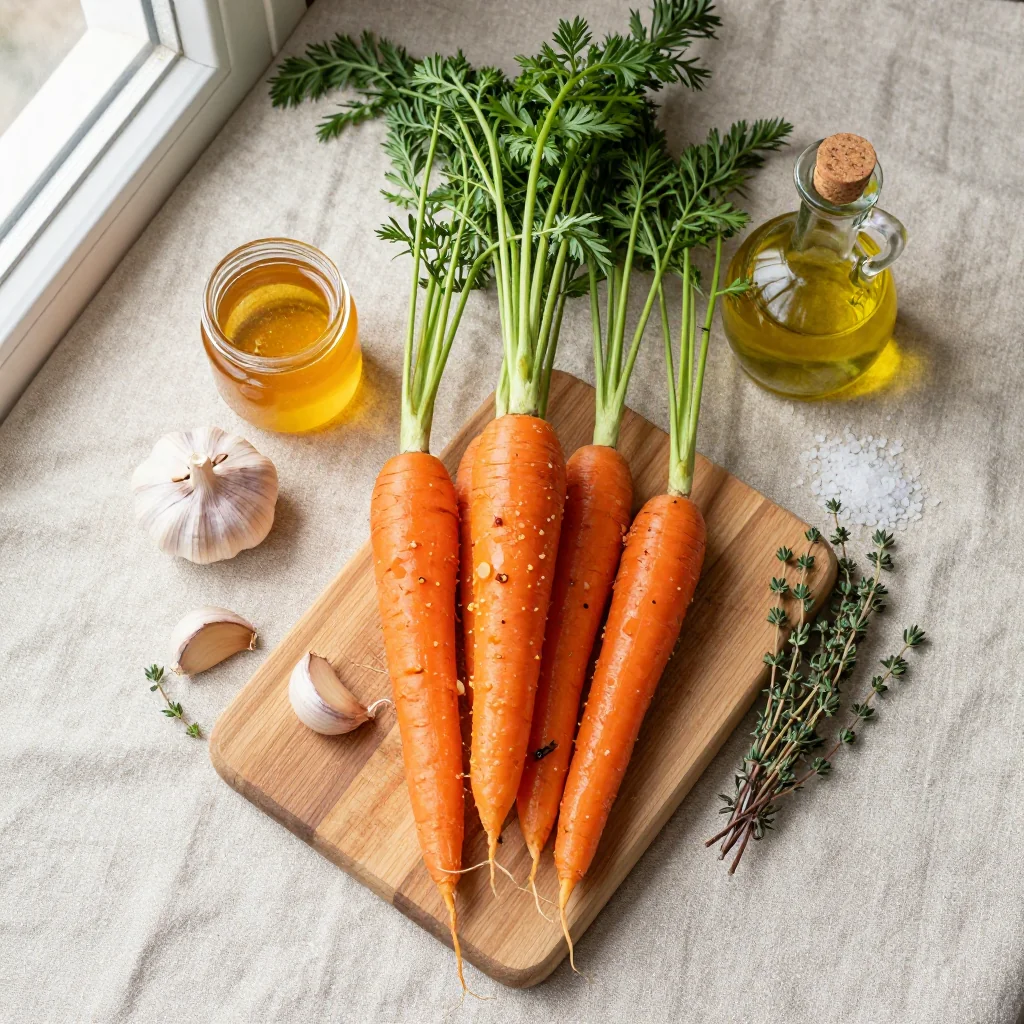 All ingredients for Roasted Carrots with Honey and Garlic Glaze
