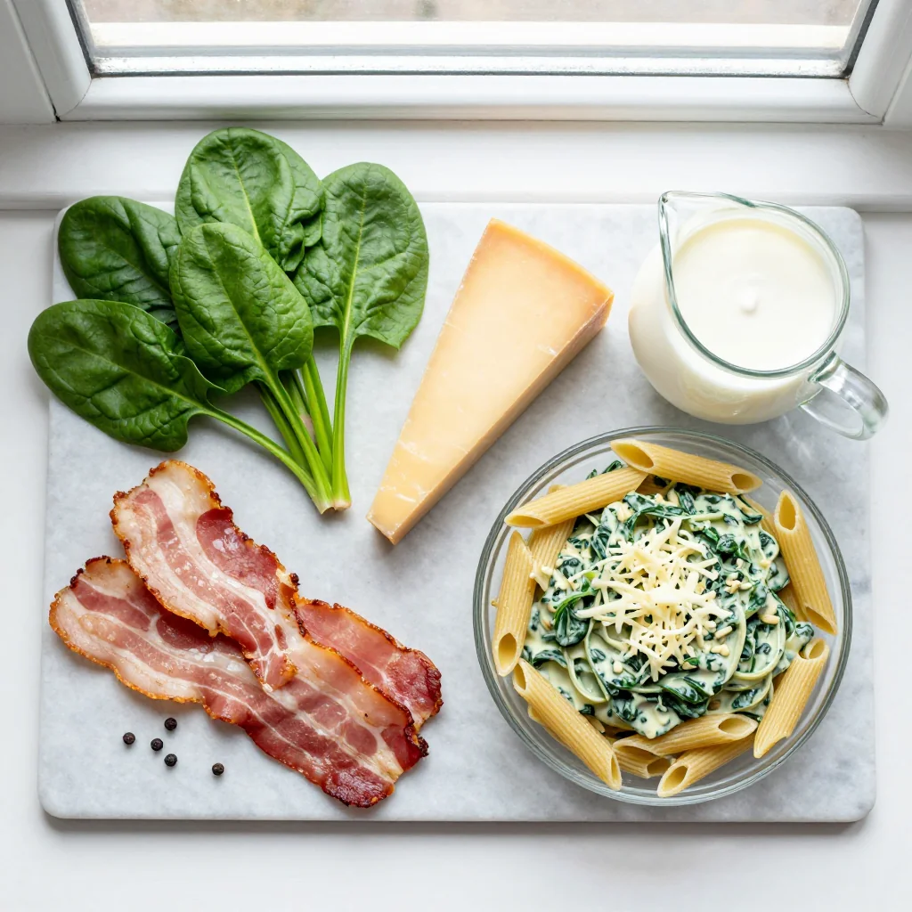 All ingredients for Creamy Spinach Pasta with Bacon and Cheese