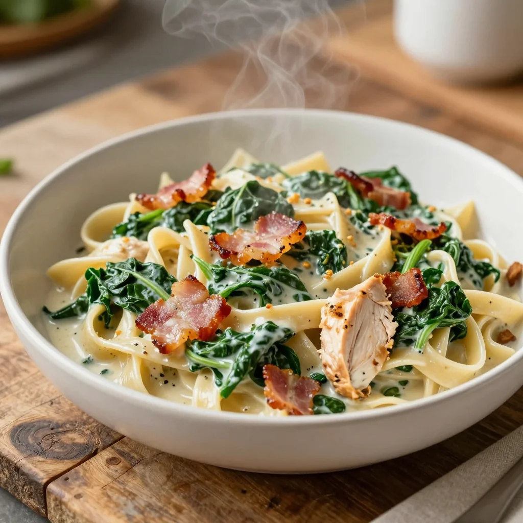 Creamy Spinach Pasta with Bacon and Chicken