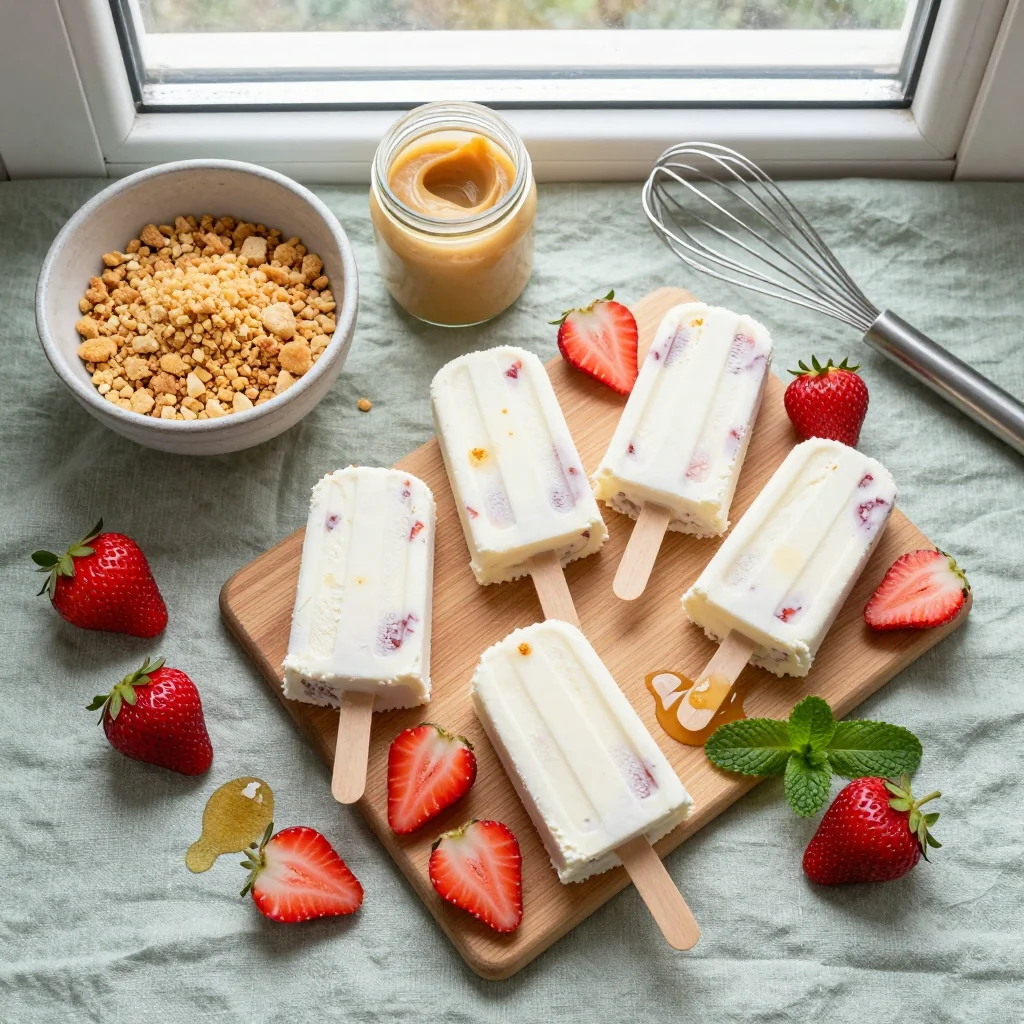 All ingredients for Strawberry Shortcake Ice Cream Bars neatly arranged on a wooden board
