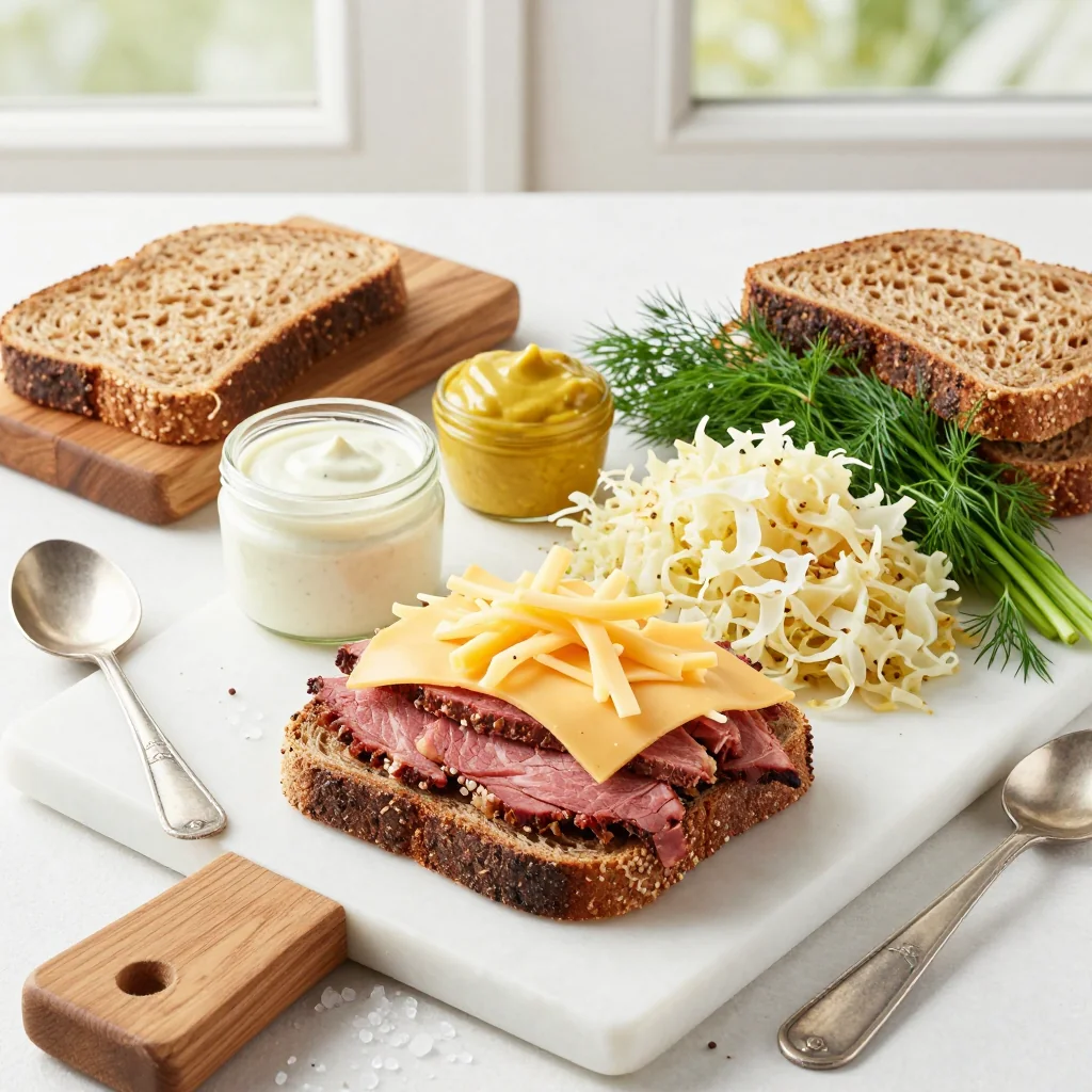 All ingredients laid out for Reuben Sandwich Casserole with Rye Bread