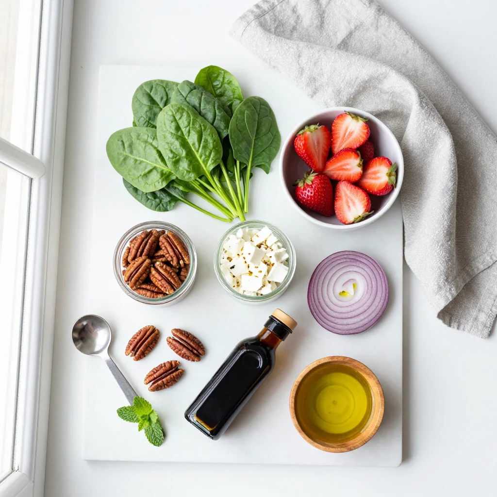 All ingredients for Strawberry Spinach Salad with Candied Pecans