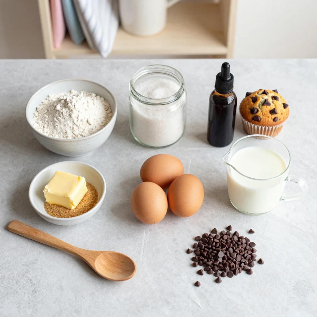 All ingredients for Chocolate Chip Muffins with Sugar Top arranged on a wooden board