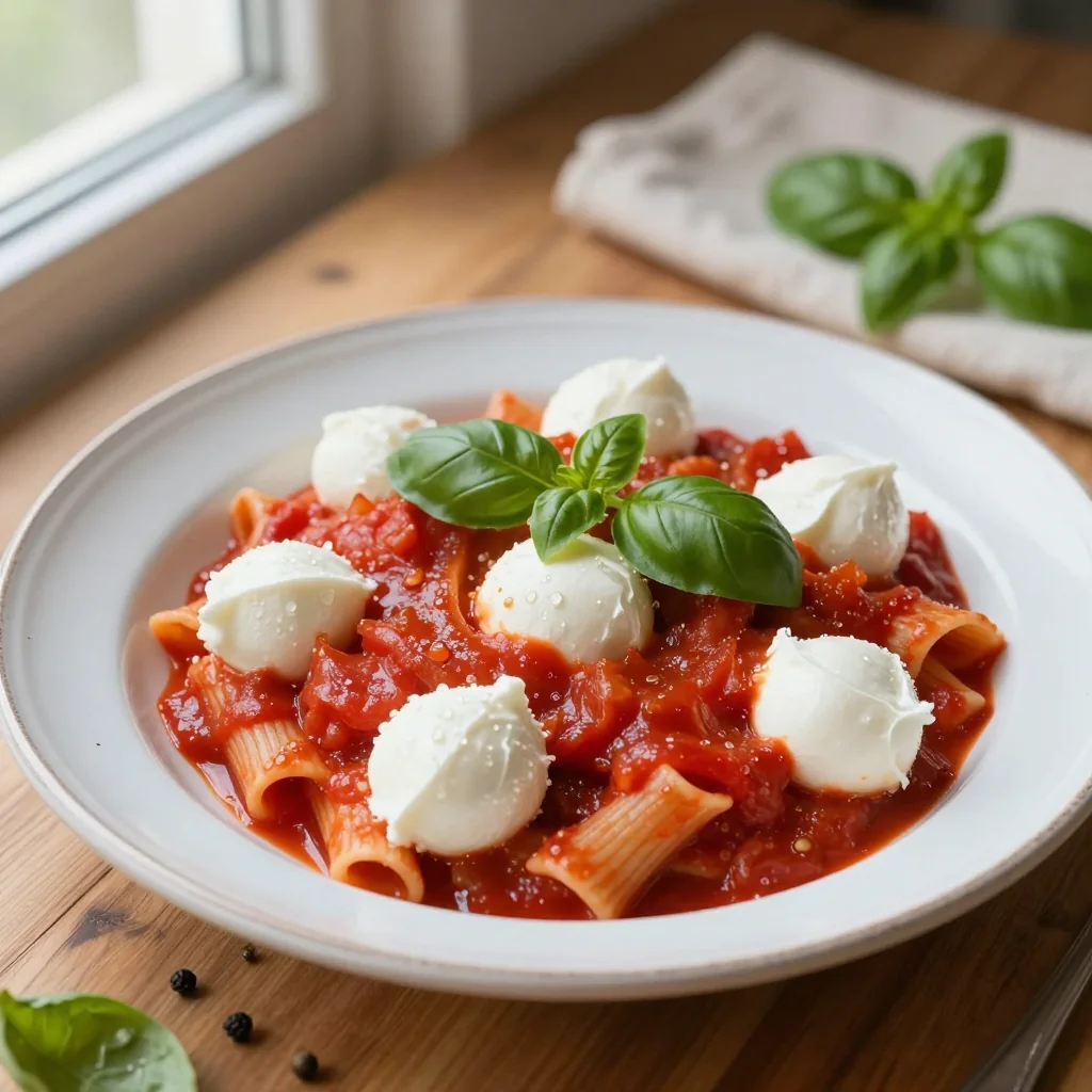 Tomato Basil Pasta with Fresh Mozzarella Balls