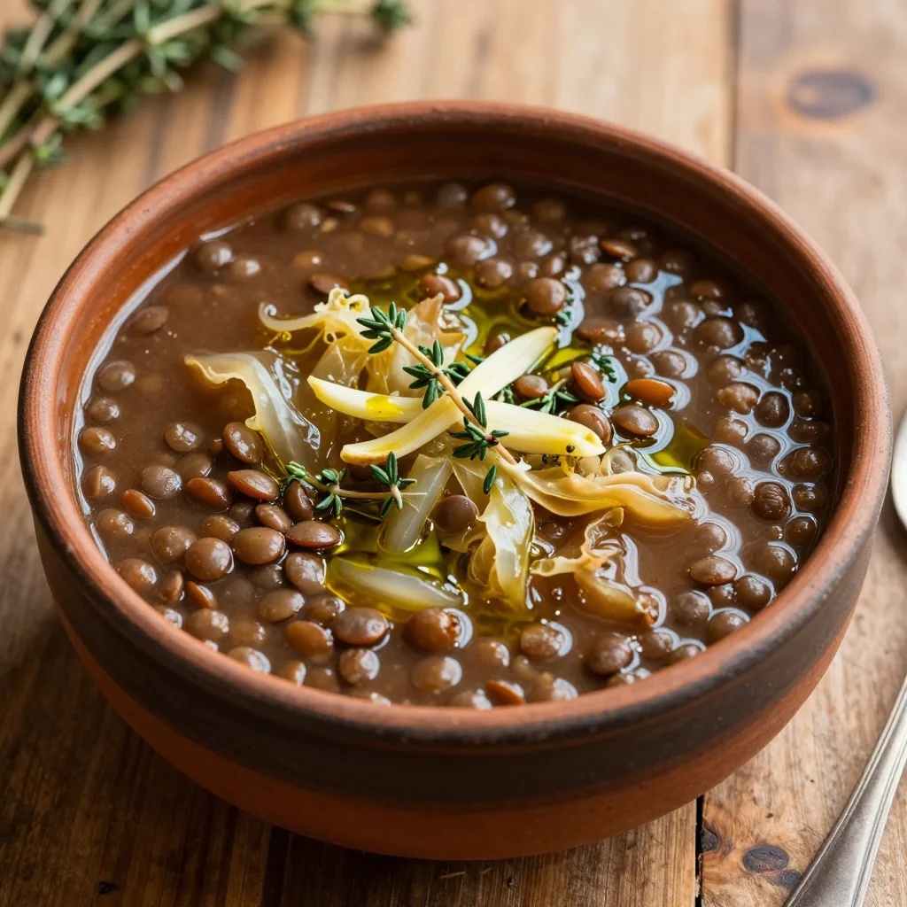 warm lentil and cabbage soup with garlic and fresh thyme for family