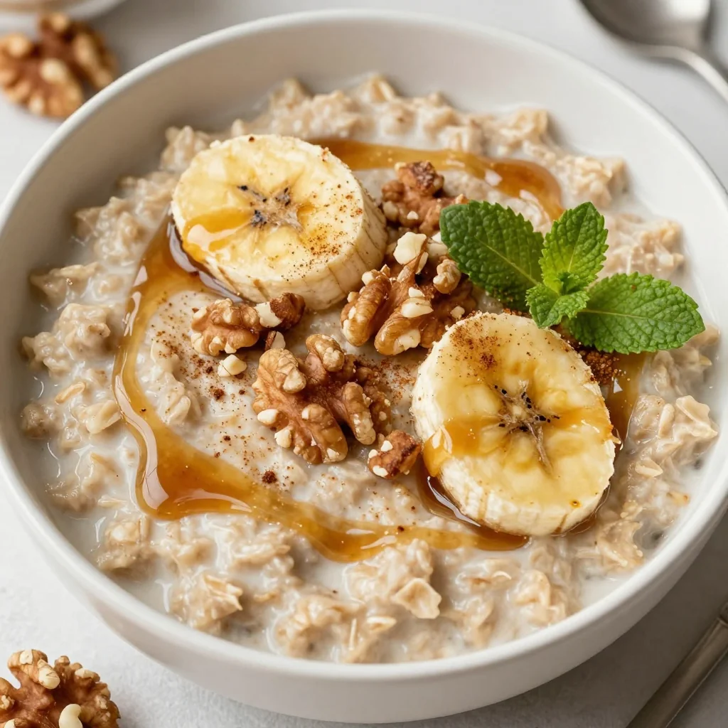 Warm Banana Nut Oatmeal with a Maple Drizzle for Winter