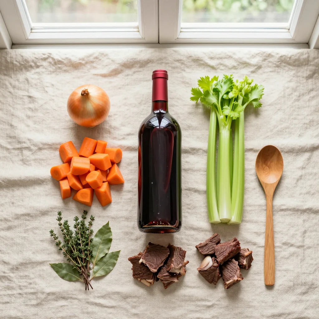 All ingredients for Beef Stew Slow Cooker with Red Wine
