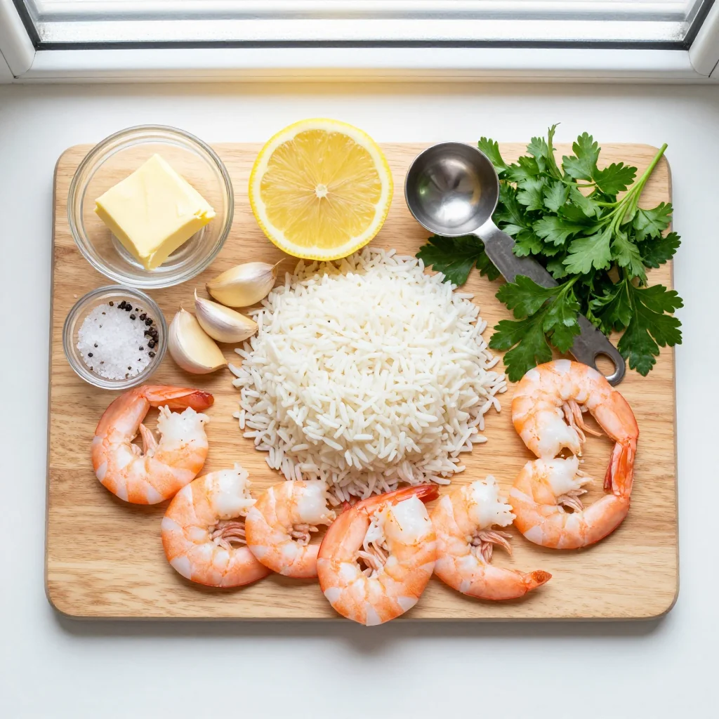 All ingredients for Lemon Garlic Butter Shrimp and Rice