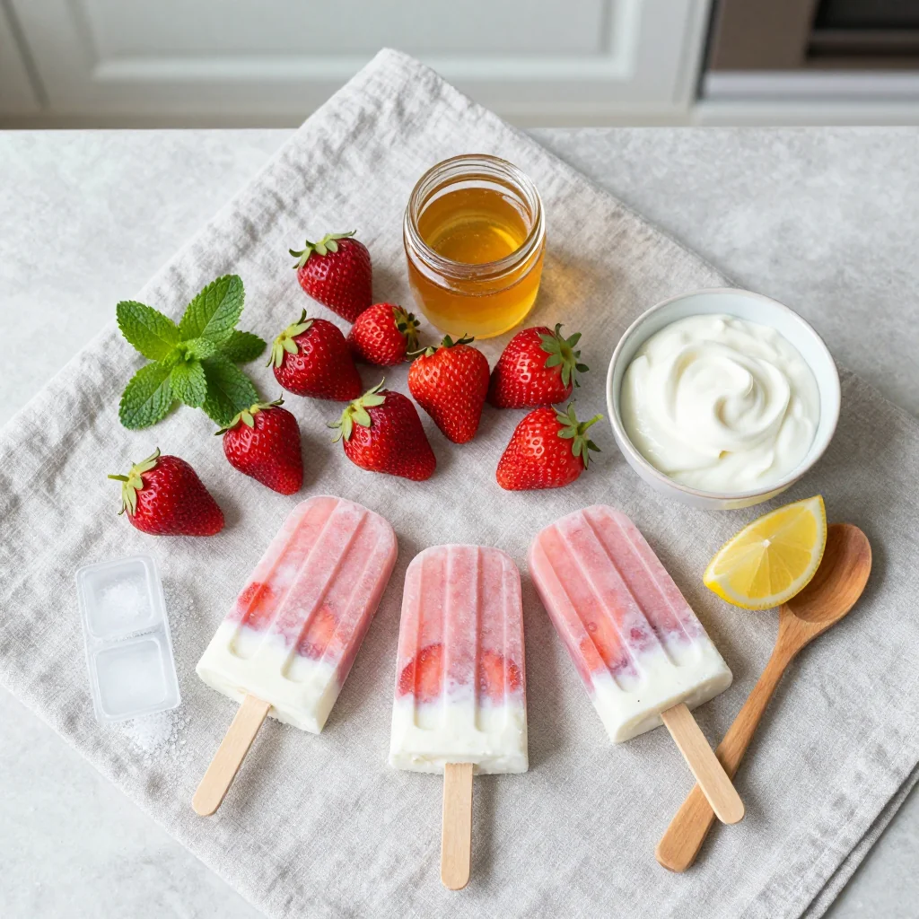All ingredients laid out for Strawberry Yogurt Popsicles with Honey