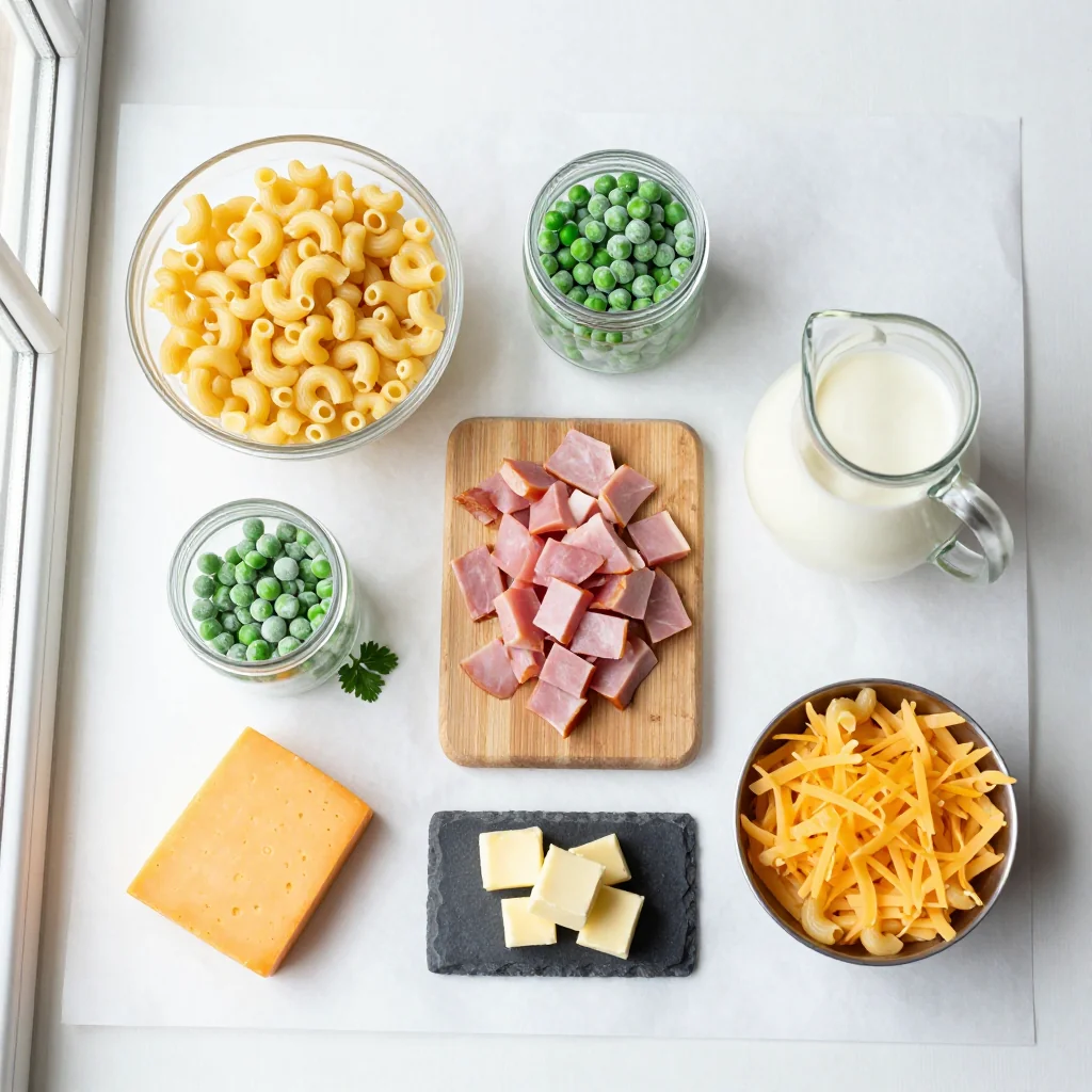 All ingredients for Creamy Macaroni and Cheese with Ham and Peas