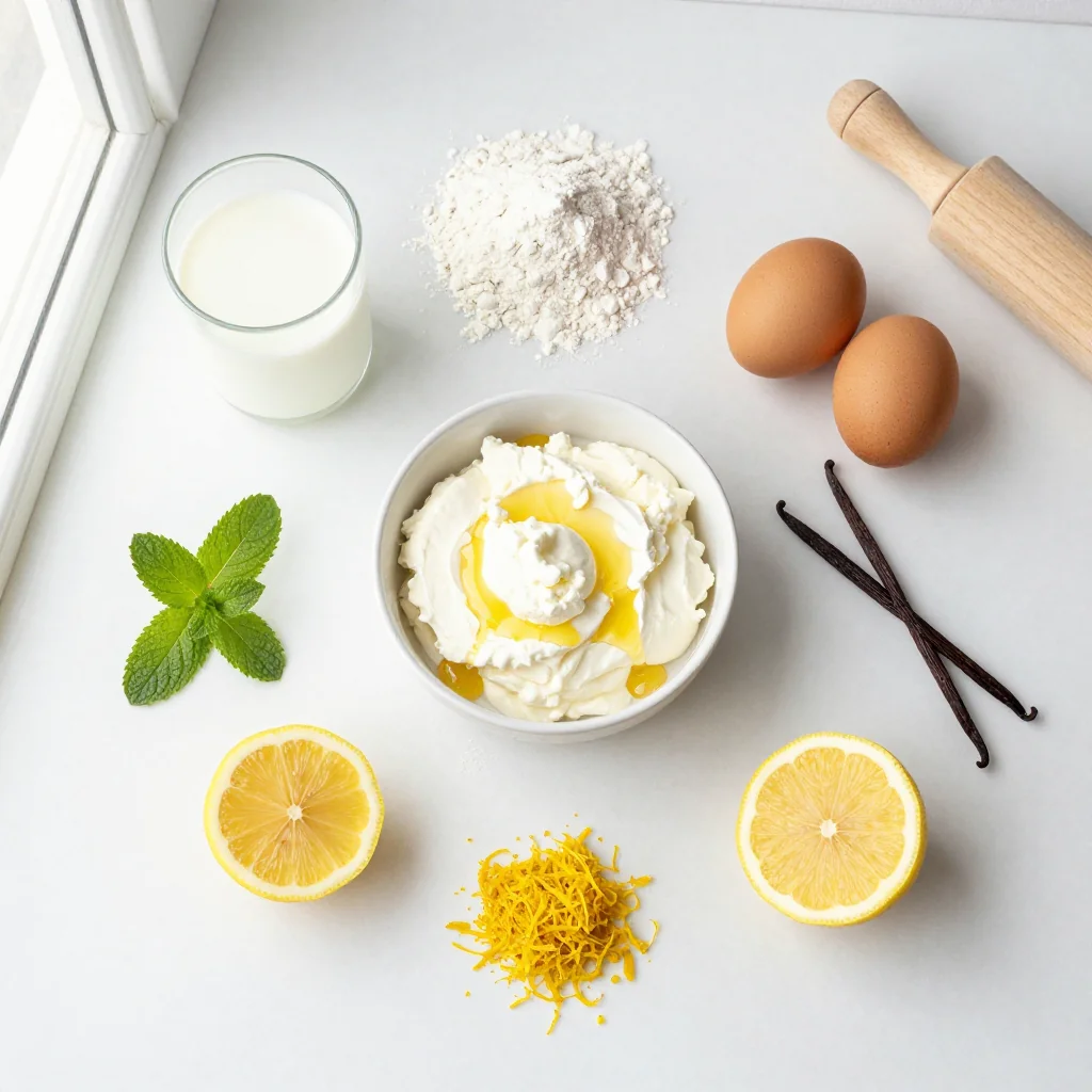 All ingredients for Fluffy Ricotta Pancakes with Fresh Lemon Syrup
