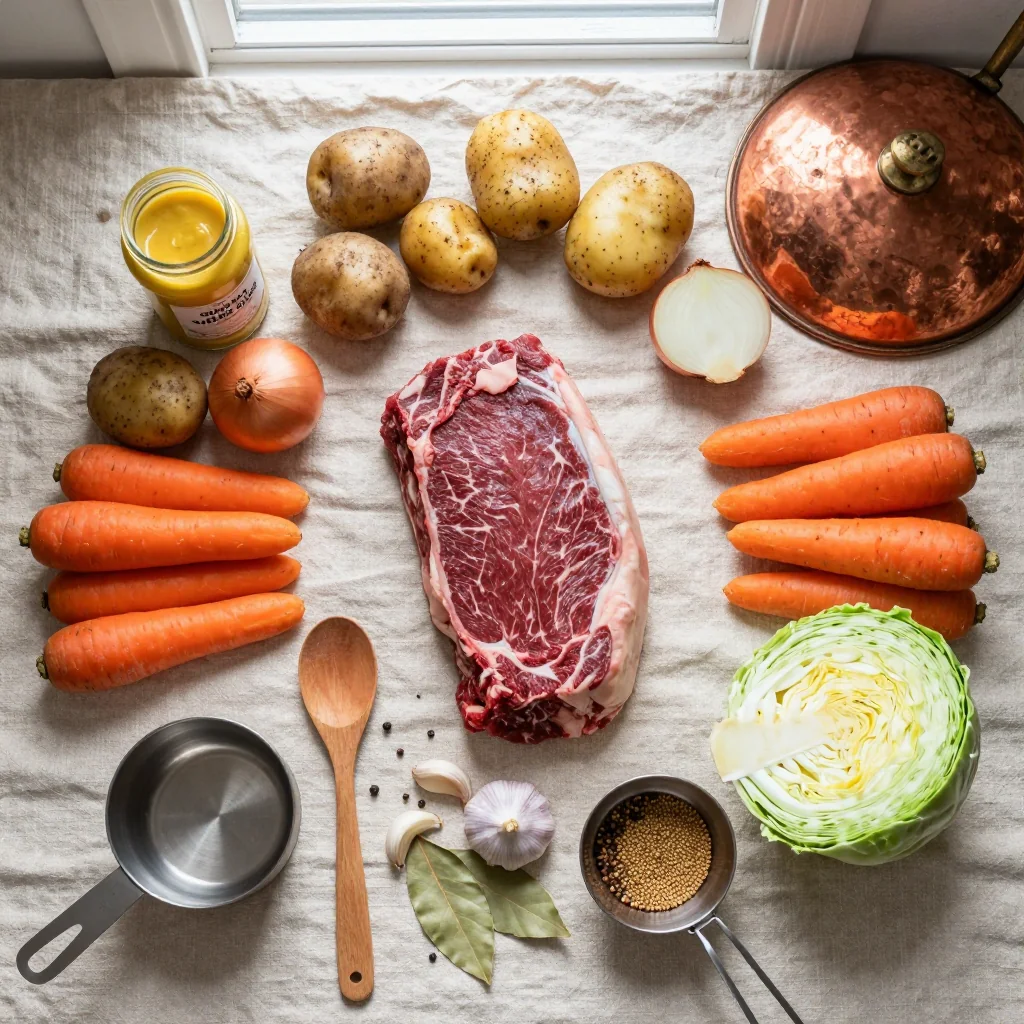 All ingredients for Slow Cooker Corned Beef with Potatoes laid out on a wooden board