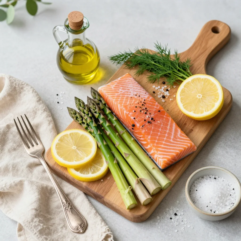 All ingredients for Salmon with Asparagus and Lemon Foil Packet