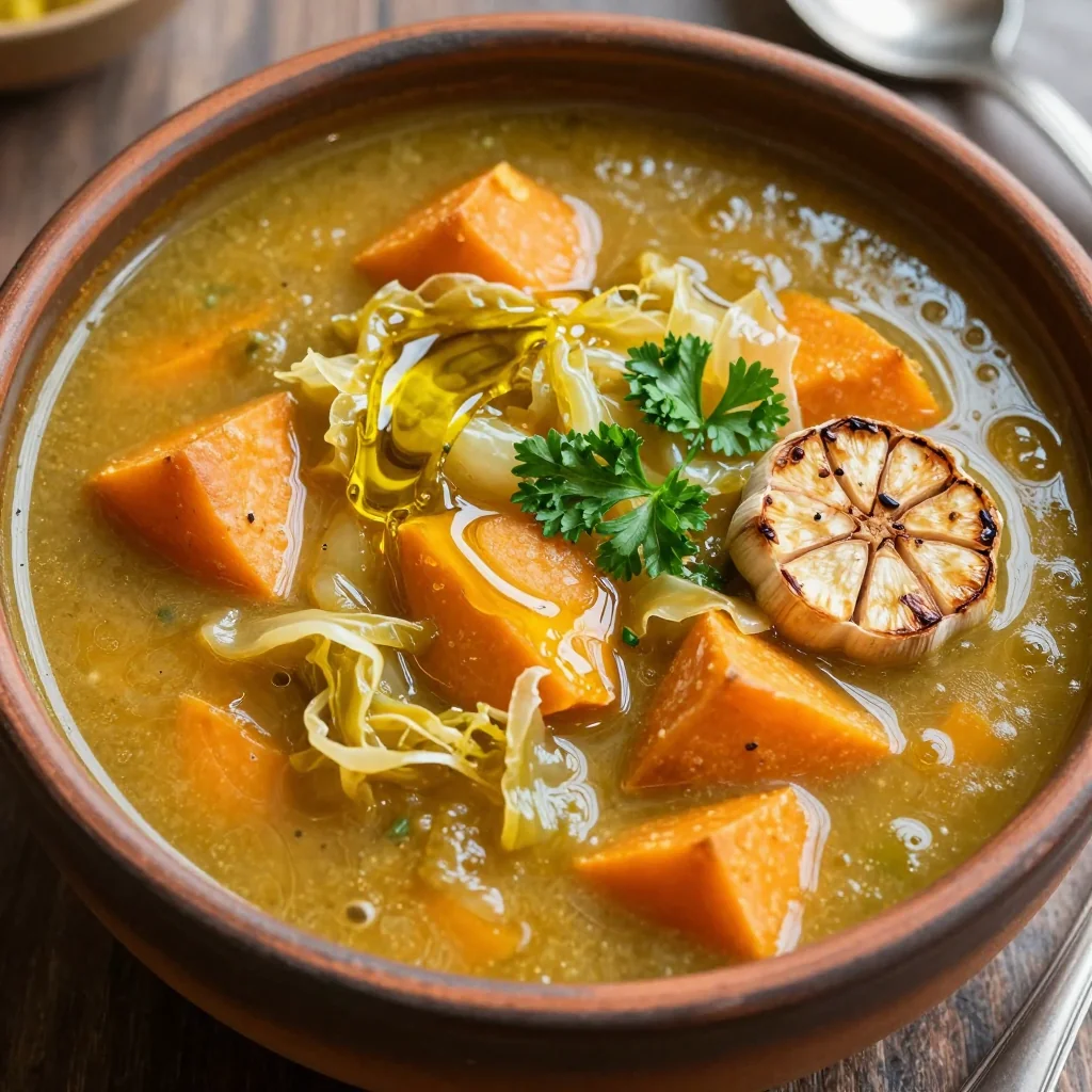 batch cooked sweet potato and cabbage soup with garlic and herbs