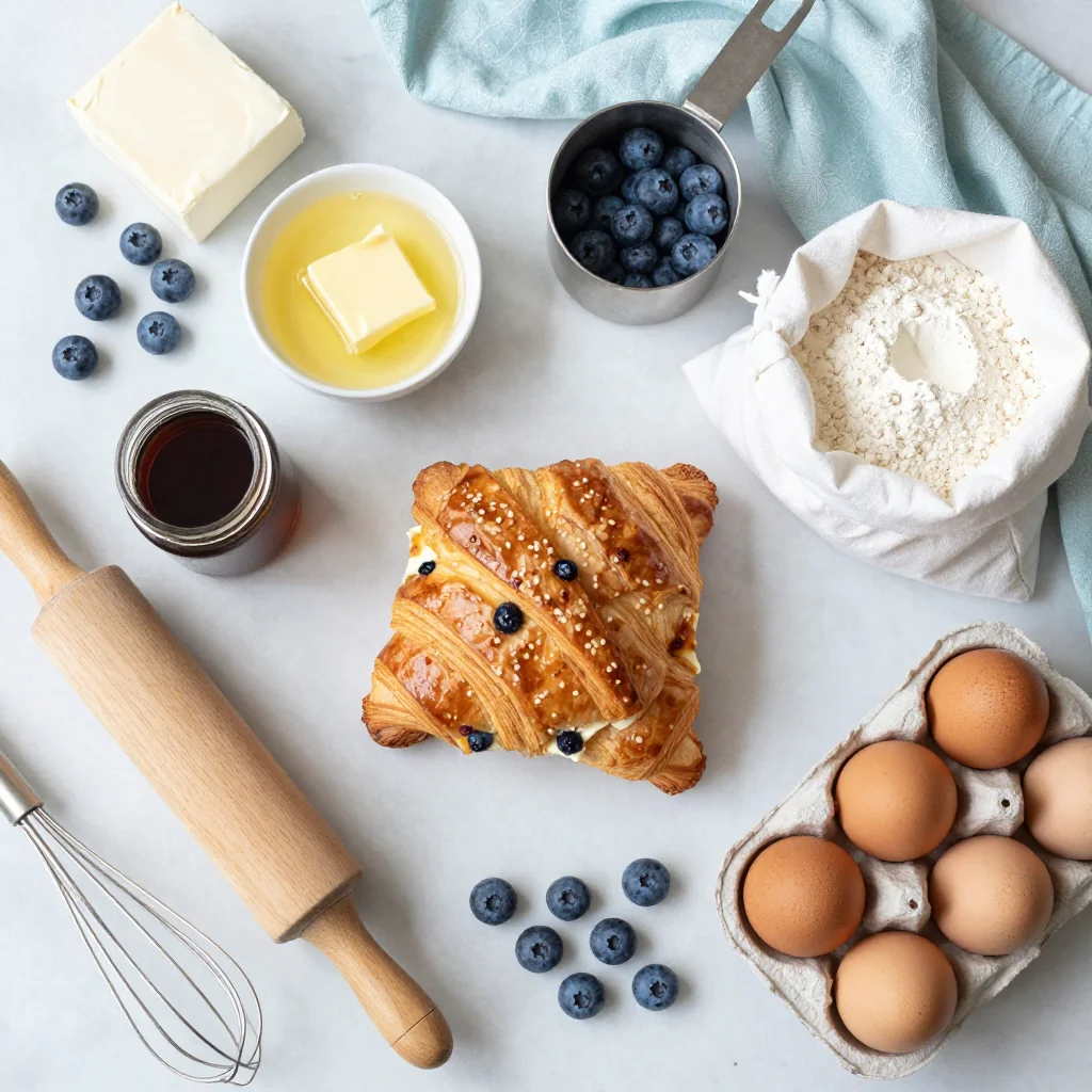 All ingredients for Blueberry Cream Cheese Croissant Breakfast Bake