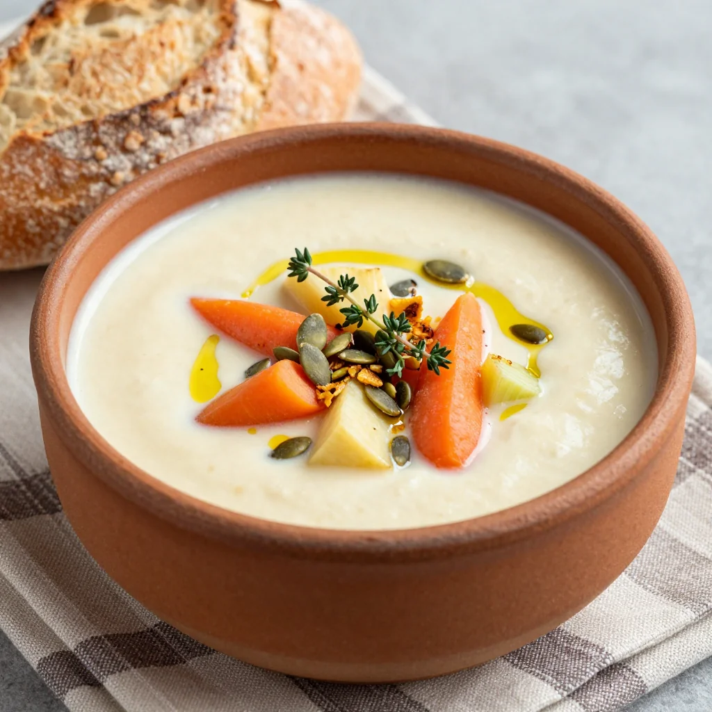 warm root vegetable soup with thyme and garlic for winter nights