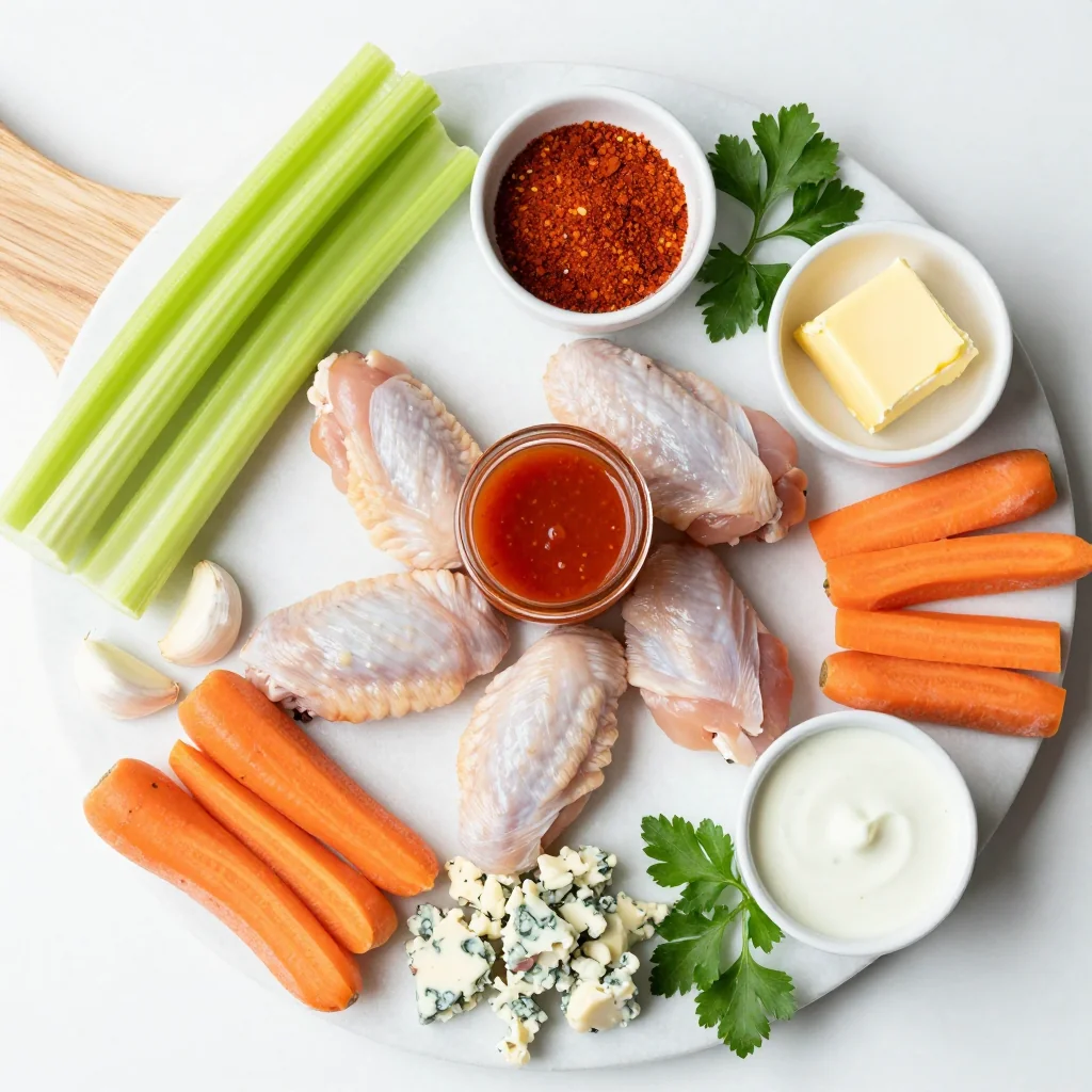 All ingredients for Chicken Wings with Buffalo Sauce neatly arranged