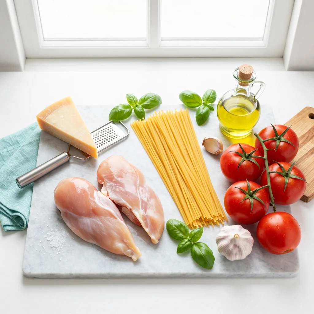 All ingredients for Parmesan Chicken with Pasta Marinara laid out on a wooden board