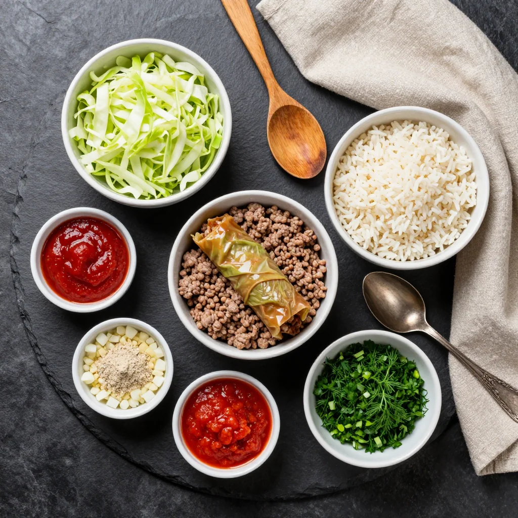 Fresh ingredients for budget-friendly cabbage roll soup arranged on a wooden cutting board