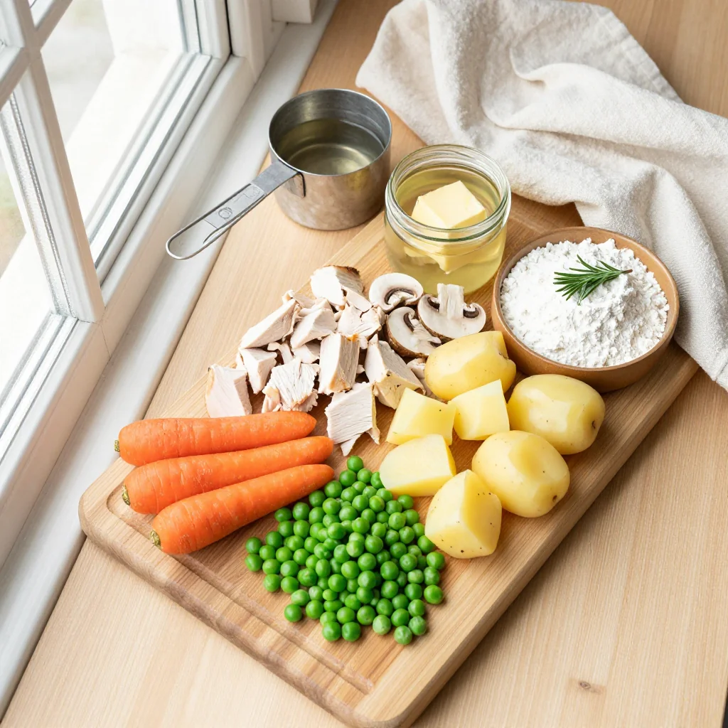 All ingredients laid out for Pot Pie with Chicken and Veggies