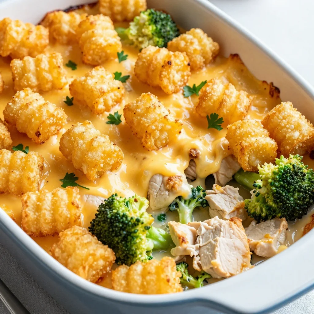 Kid Friendly Cheesy Chicken and Broccoli Bake with Tater Tots