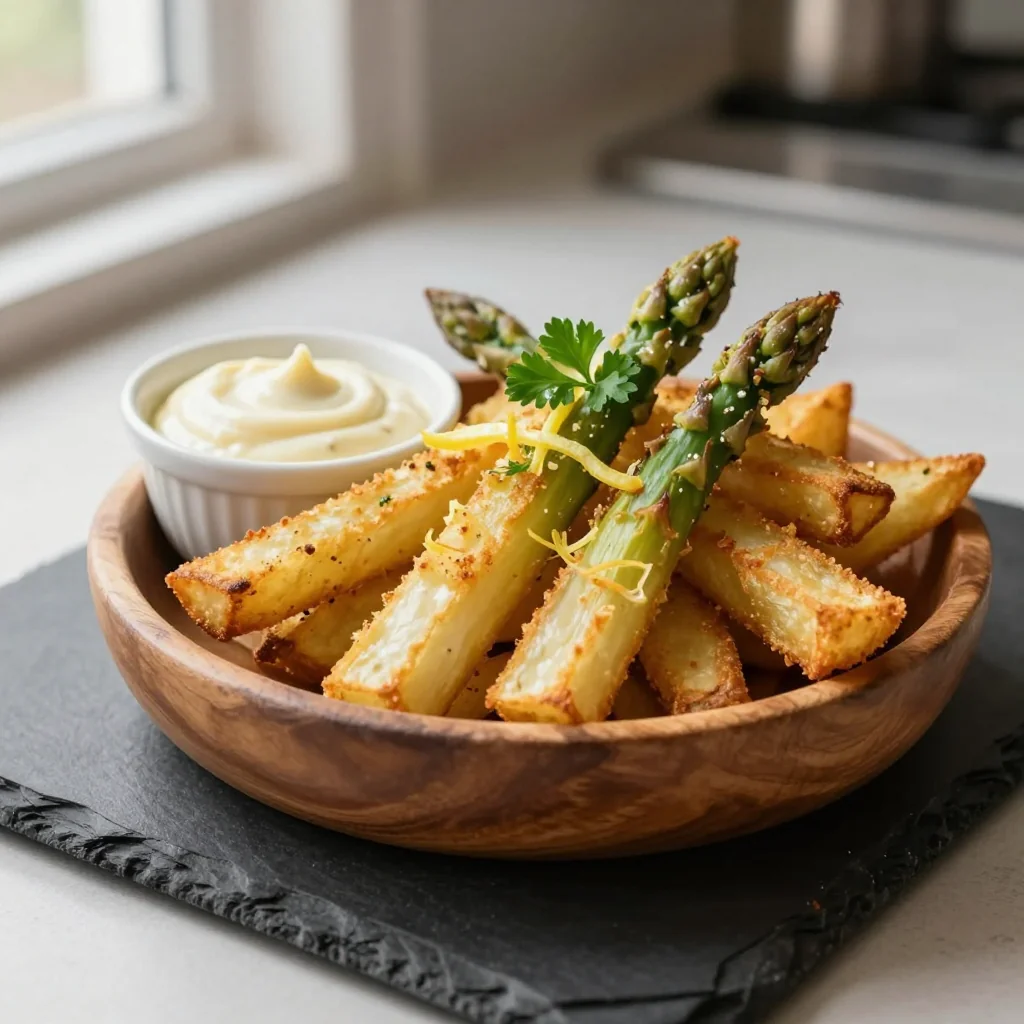 Baked Parmesan Asparagus Fries with Lemon Aioli Dip